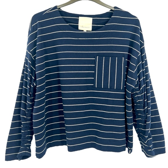 Ella Moss Reese Nautical Striped Pocket Boxy Navy & White Tee SZ XL New - Picture 2 of 13